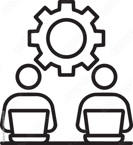 Two employees working on laptop computers under large gear cogwheel illustrating collaborative business process efficiency and continuous