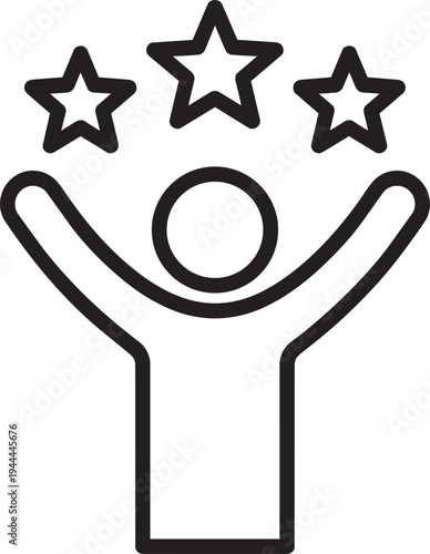 Happy successful business person employee with raised arms and three stars representing top premium performance achievement and