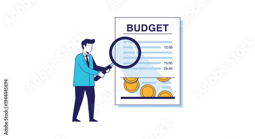 A man examines a budget report with a magnifying glass focusing on financial details in a flat style silhouette high quality