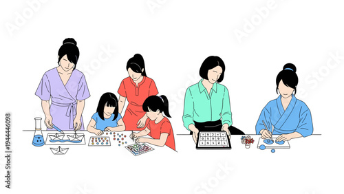 Science Education in Progress: Group of female students engaging in a hands-on science lesson with various experimental apparatus, demonstrating their eagerness and curiosity. 