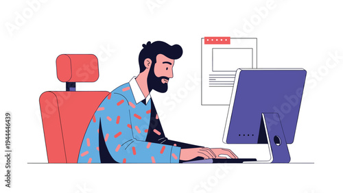 Bearded man focused on working at his computer desk in a home office environment with a red chair and document on the wall.