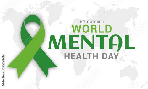 World Mental Health Day October 10 banner with green awareness ribbon on white background world map