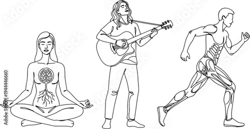 black and white line drawings of people meditating playing guitar and running