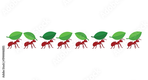 A line of red ants diligently carrying vibrant green leaves in a minimalist illustrative silhouette high quality professional detailed modern elegant