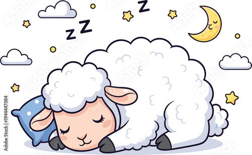 Cute sleeping sheep cartoon with pillow, moon, stars and clouds, adorable bedtime animal character illustration for nursery, kids sleep concept design