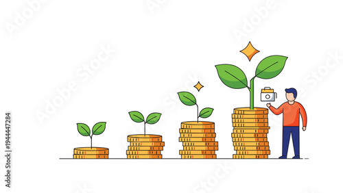 Metaphor for financial growth showing green plants sprouting from increasing stacks of coins with a man monitoring progress.