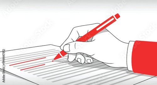 A hand holding a red pen writing on white lined paper depicted in a minimalist flat style silhouette high quality professional