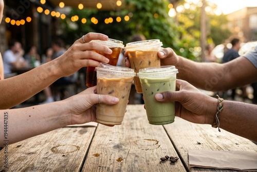 Four diverse hands holding iced coffee cups in a cheers gesture at a wooden café table outdoors. For friendship, beverage marketing, social lifestyle, and café editorial content. Warm candid style.