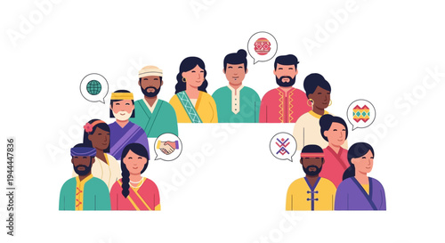 Diverse Global Community Connecting: Multicultural People Celebrating Unity, Communication, and Collaboration with Cultural Symbols