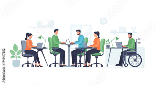 Diverse Business Team Working in Modern Office. Professionals Collaborating on Laptops, Promoting Inclusion and Accessibility.