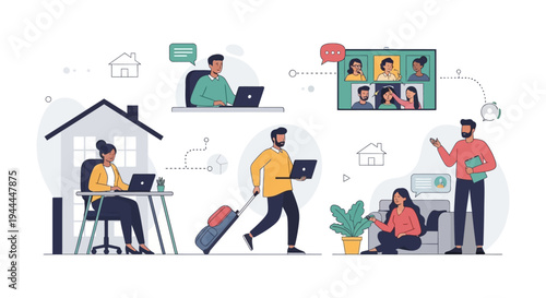 Remote Work, Flexible Lifestyle & Virtual Collaboration: Modern Business Concept Illustration