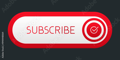 Modern red rounded CTA button, "Subscribe" text, 3D effect, web UI element for landing pages, mobile apps or banners.