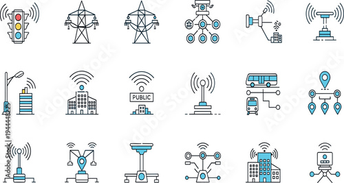 Smart City and Wireless Communication Icon Set Featuring Traffic Signal Network, Public WiFi, IoT Sensors, Connected Transport and Urban Technology Systems.