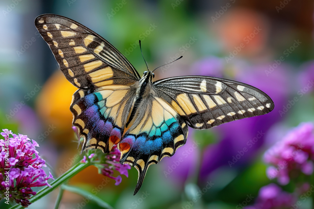Naklejka premium Colorful Butterfly Wings Spread on Flower