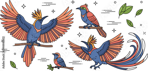 Colorful tropical bird with spread wings and perched poses exotic wildlife cartoon flat vector illustration set isolated