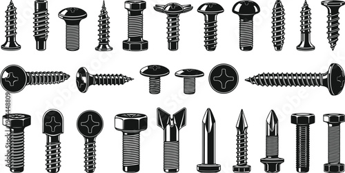 Screws, bolts, and fasteners vector illustration set, black silhouette designs with diverse head shapes and threading styles, creative resource for construction, hardware, and mechanical themes