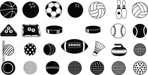Sports ball and equipment vector illustration set, black silhouette icons including basketball, soccer, tennis, cricket, hockey, and more, creative design resource for athletic themes