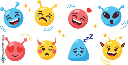 Cute alien emoji characters set with different emotions including happy sad love sleepy angry and surprised cartoon style vector illustration