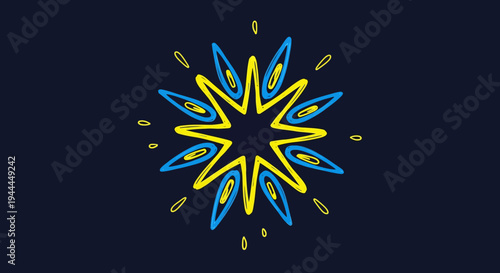 A vibrant abstract starburst design featuring radiating yellow and blue elongated shapes on a deep navy background, symbolizing energy and celebration.
