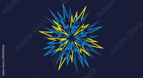 A vibrant abstract design featuring jagged blue and yellow lines bursting outwards from a central point, creating a dynamic starburst effect against a dark background.
