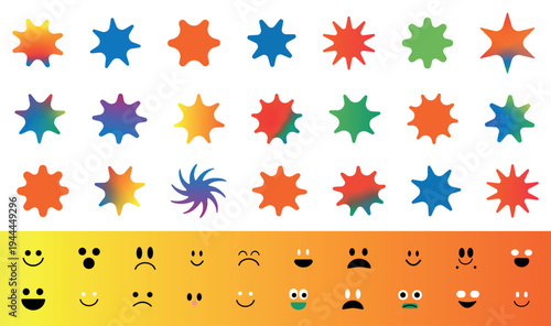 Trendy Y2K abstract starburst and expressive smiley face character kit on a transparent background