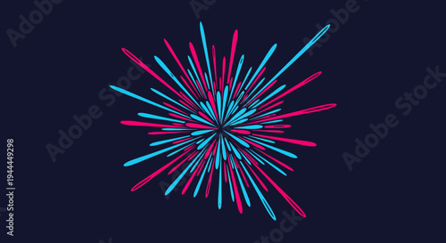 A dynamic abstract burst of vivid pink and blue lines explodes outwards from a central point on a dark background, creating a modern, energetic visual.
