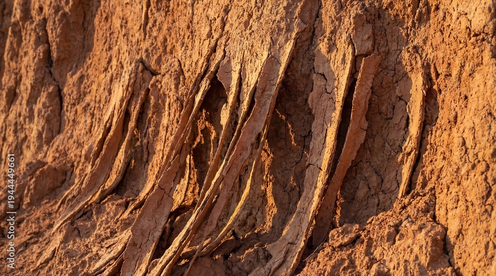 Fototapeta premium Close up of cracked earth surface with textured patterns in warm tones during daytime