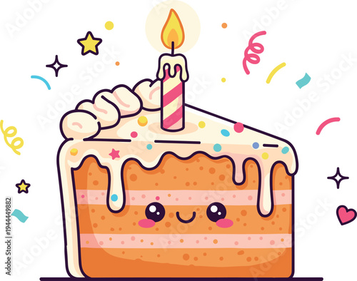 Cute birthday cake slice with candle confetti and sprinkles kawaii dessert cartoon vector illustration