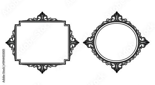 Two ornate decorative frames in black and white present blank spaces for content a striking silhouette high quality professional detailed modern