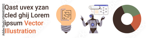 Artificial intelligence, data analysis, robotics, technology innovation, automation, future trends. Robot analyzing data, lightbulb and pie chart. Artificial intelligence and data analysis visuals