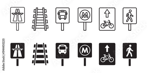 Road and Traffic Sign Line and Glyph Icon Set Vector