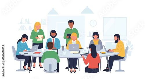 Diverse Business Team Meeting & Collaboration in Modern Office. Project Discussion, Strategy, and Teamwork Illustration.