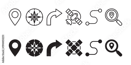 Navigation and Location Map Icons Set Line and Solid Style Vector Illustration