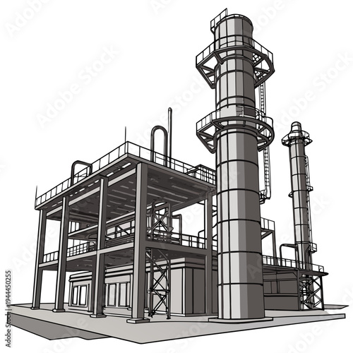 Industrial building with smokestack and catwalks factory