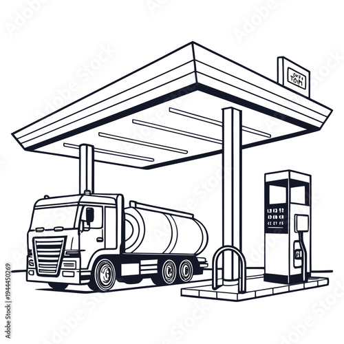 Gasoline tanker truck refueling at a station gas station