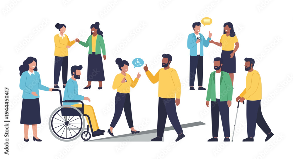 Obraz premium Diverse Group Promoting Inclusion & Accessibility: Vector Illustration of a Multicultural Community with Disabilities, Fostering Equality & Support.