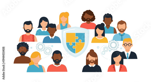Diverse Team Collaboration and Community Protection. People Avatars United by Puzzle Shield for Inclusive Solutions and Security.