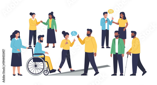 Diverse Group Promoting Inclusion & Accessibility: Vector Illustration of a Multicultural Community with Disabilities, Fostering Equality & Support.