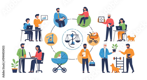 Work-Life Balance & Justice System. Diverse People Managing Career, Family, Health & Personal Life with Legal Considerations. Flat Vector Illustration.