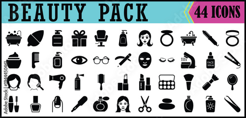 Beauty Pack Set of 44 Cosmetic Line Icons, Collection of 44 beauty and cosmetic line icons including makeup tools, skincare items, salon equipment, and personal care symbols.