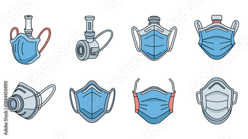 Set of different blue protective medical face masks and respirators used for healthcare and personal safety against pollution.