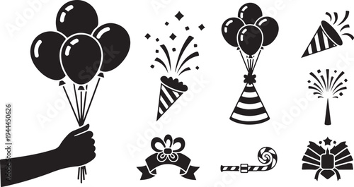 Black and white party celebration icons and symbols set