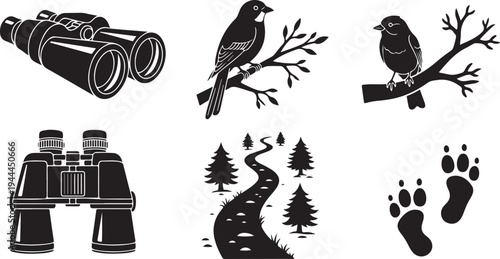 Nature exploration and wildlife observation icons set in black