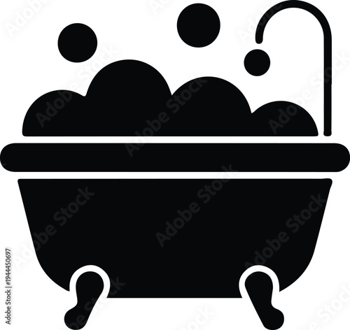 Minimal Bathtub With Bubbles Silhouette Bathroom Icon, Simple black silhouette illustration of a bathtub filled with bubbles, representing bathing, hygiene, relaxation, and bathroom wellness.