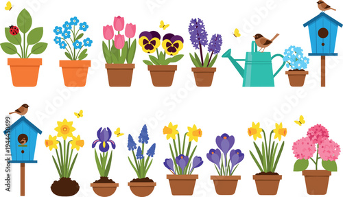 Spring Garden Flowers Collection with Potted Plants Tulips Daffodils Watering Can and Birdhouse Cartoon Vector Illustration Set