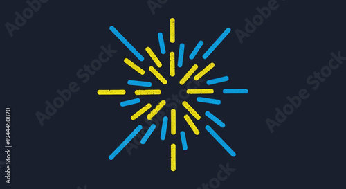 A modern abstract graphic illustration displays vibrant blue and yellow lines radiating outwards from a central point, evoking energy and dynamic motion.
