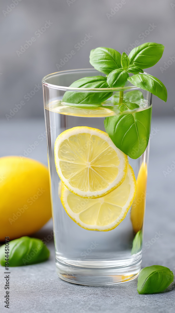 Fototapeta premium Refreshing lemon infused water with basil in glass tumbler for healthy living concept
