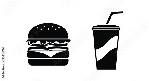 A stark black silhouette depicts a classic burger and a soda cup showcasing a simple fast food pairing silhouette high quality