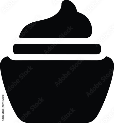 Minimal Cosmetic Cream Silhouette Skincare Jar Icon, Simple black silhouette illustration of a cosmetic cream jar with cream swirl, representing skincare products, beauty treatment, and facial care.