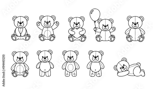 Cute teddy bear line art vector set with playful bears in different poses isolated on white